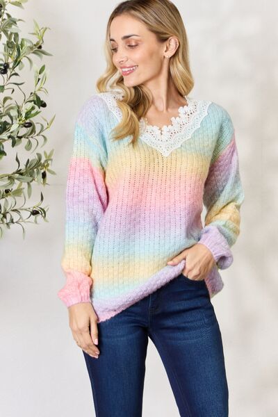 Rainbow Gradient Crochet Detail Sweater - Mythical Kitty Boutique