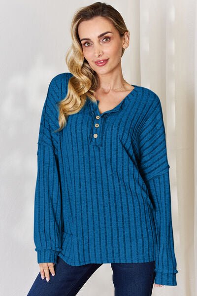 Ribbed Half Button Long Sleeve Top - Mythical Kitty Boutique