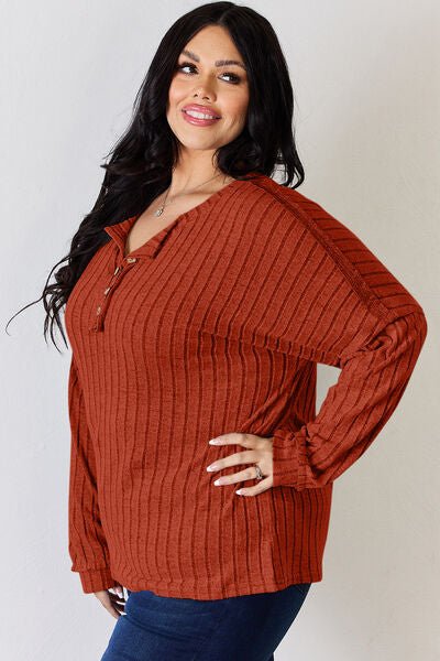 Ribbed Half Button Long Sleeve Top - Mythical Kitty Boutique