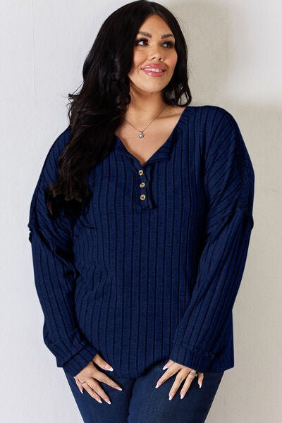 Ribbed Half Button Long Sleeve Top - Mythical Kitty Boutique