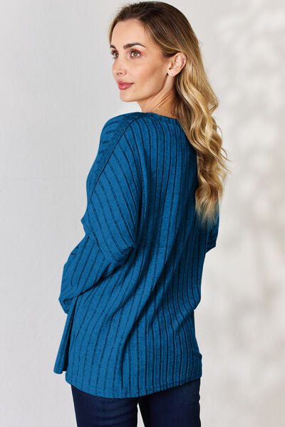 Ribbed Half Button Long Sleeve Top - Mythical Kitty Boutique