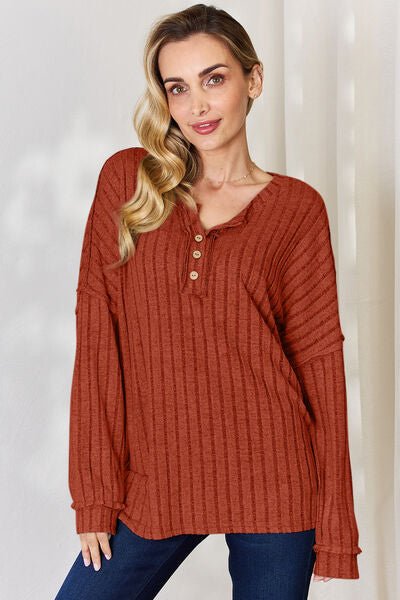 Ribbed Half Button Long Sleeve Top - Mythical Kitty Boutique