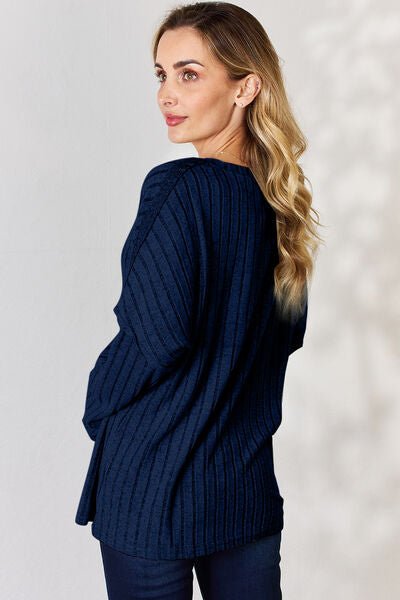 Ribbed Half Button Long Sleeve Top - Mythical Kitty Boutique