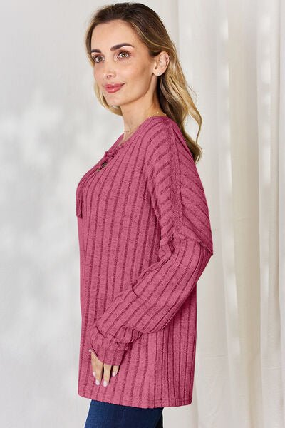 Ribbed Half Button Long Sleeve Top - Mythical Kitty Boutique