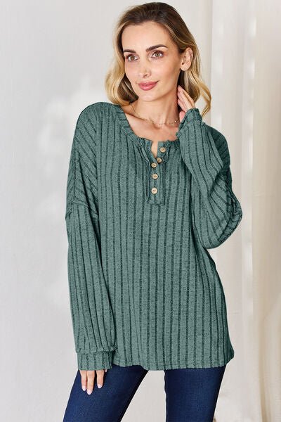 Ribbed Half Button Long Sleeve Top - Mythical Kitty Boutique