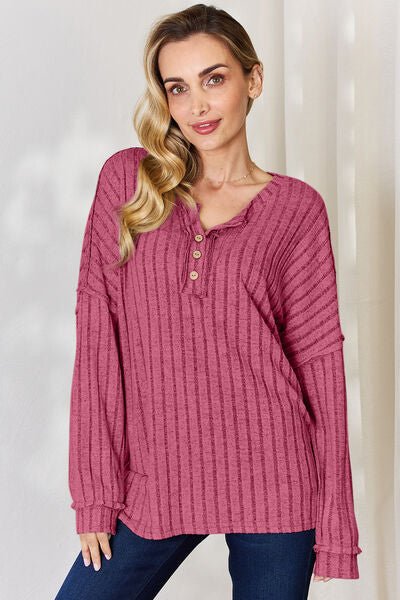 Ribbed Half Button Long Sleeve Top - Mythical Kitty Boutique