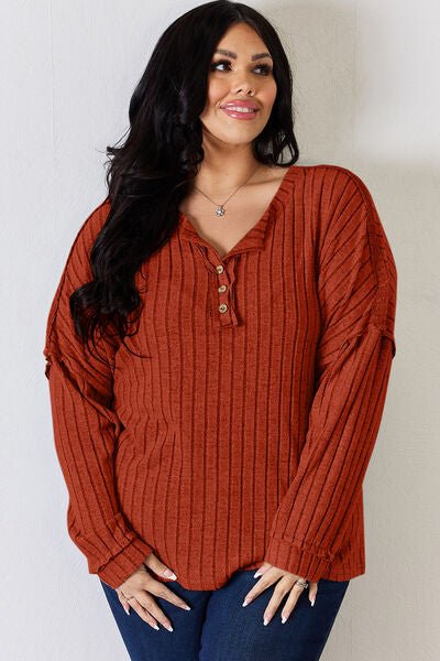 Ribbed Half Button Long Sleeve Top - Mythical Kitty Boutique