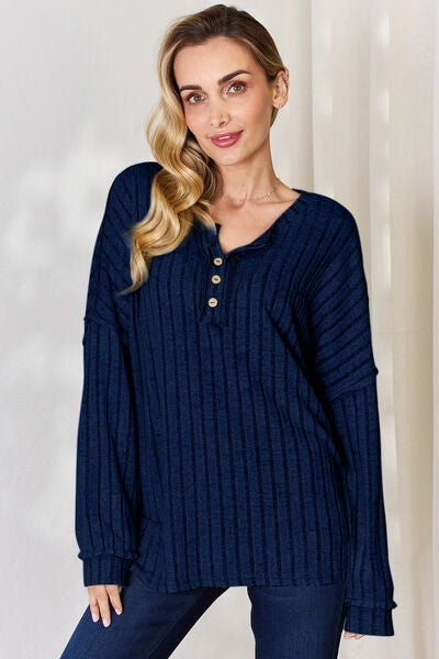 Ribbed Half Button Long Sleeve Top - Mythical Kitty Boutique