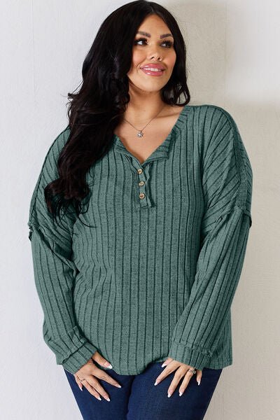 Ribbed Half Button Long Sleeve Top - Mythical Kitty Boutique