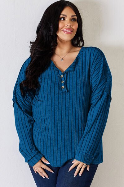 Ribbed Half Button Long Sleeve Top - Mythical Kitty Boutique