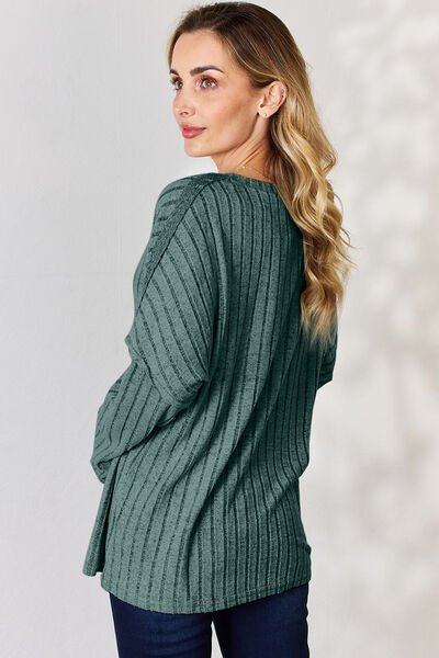 Ribbed Half Button Long Sleeve Top - Mythical Kitty Boutique