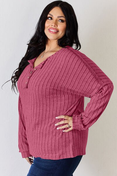 Ribbed Half Button Long Sleeve Top - Mythical Kitty Boutique