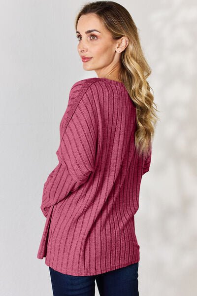 Ribbed Half Button Long Sleeve Top - Mythical Kitty Boutique