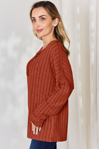 Ribbed Half Button Long Sleeve Top - Mythical Kitty Boutique