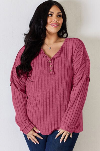 Ribbed Half Button Long Sleeve Top - Mythical Kitty Boutique