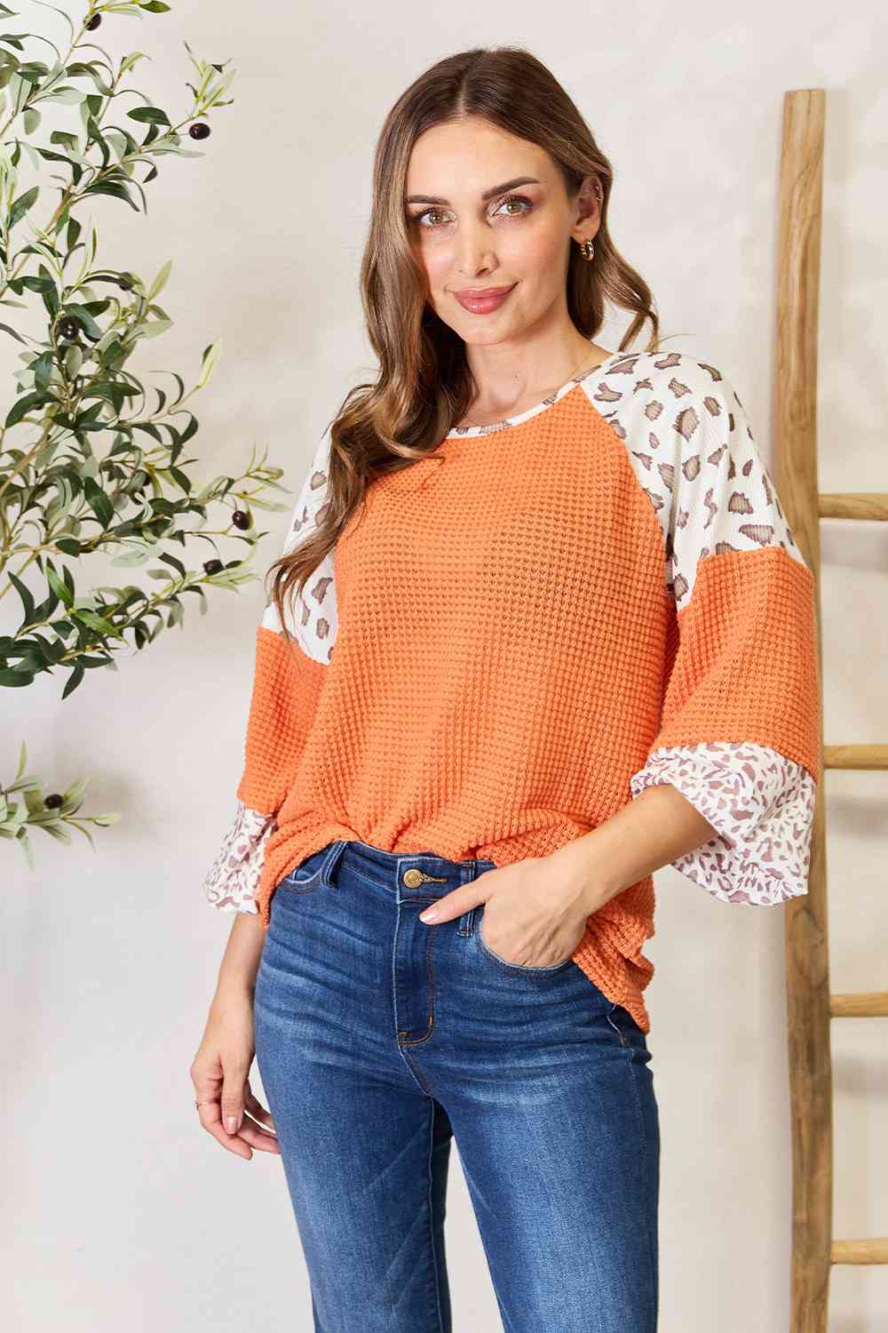 Selma Leopard Waffle-Knit Long Sleeve Blouse - Mythical Kitty Boutique