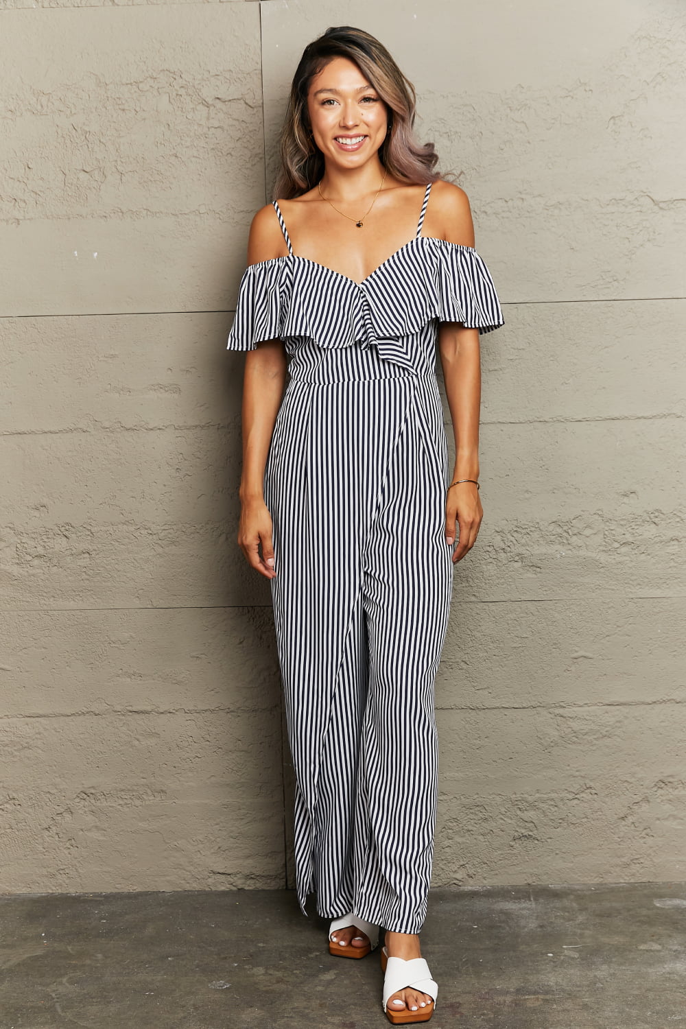 Striped Spaghetti Strap Cold-Shoulder Jumpsuit - Mythical Kitty Boutique