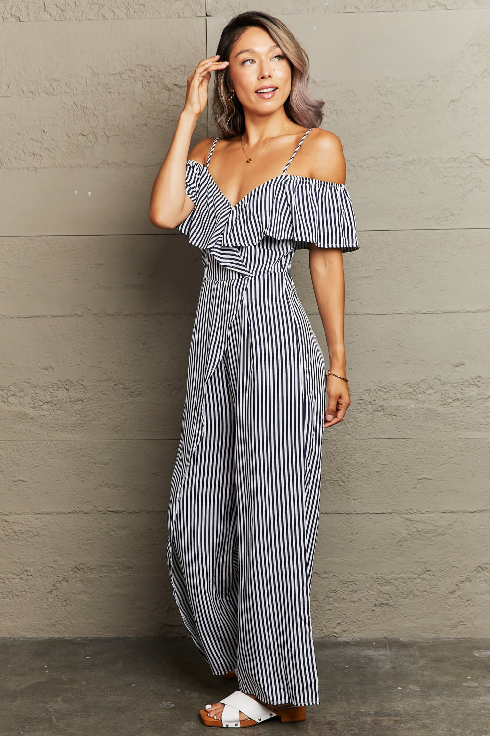 Striped Spaghetti Strap Cold-Shoulder Jumpsuit - Mythical Kitty Boutique