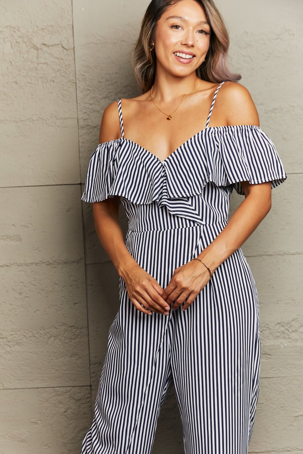 Striped Spaghetti Strap Cold-Shoulder Jumpsuit - Mythical Kitty Boutique