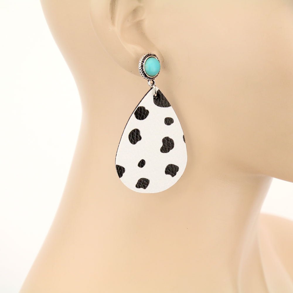 Turquoise Bead and Cow Faux Leather Teardrop Earrings - Mythical Kitty Boutique