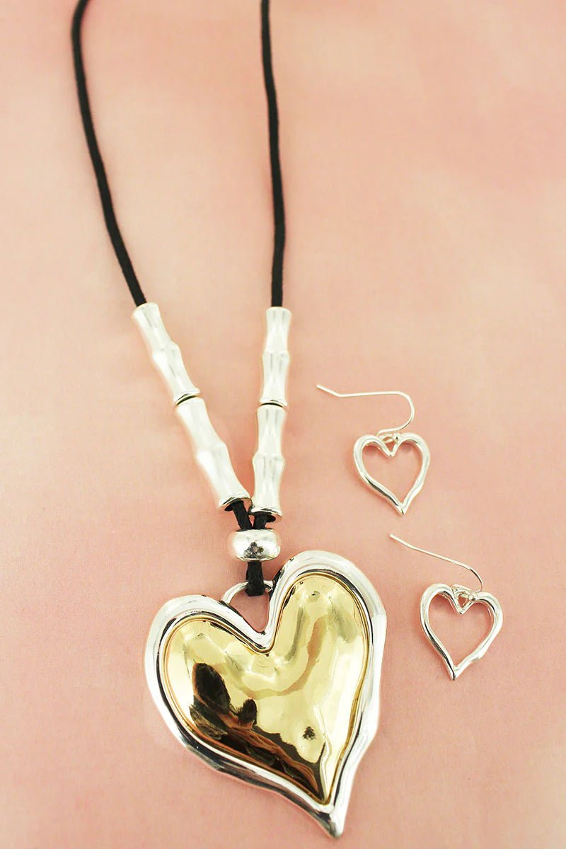 Two-Tone Hammered Heart Pendant Necklace and Earrings Set - Mythical Kitty Boutique