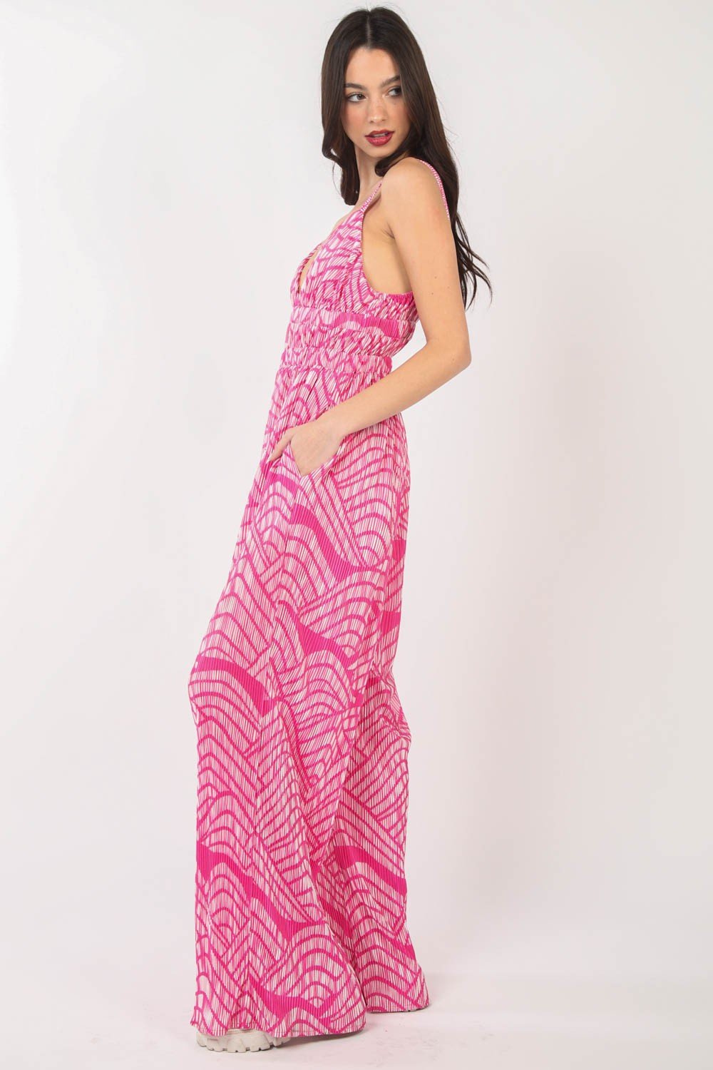 VERY J Printed Pleated Sleeveless Wide Leg Jumpsuit - Mythical Kitty Boutique