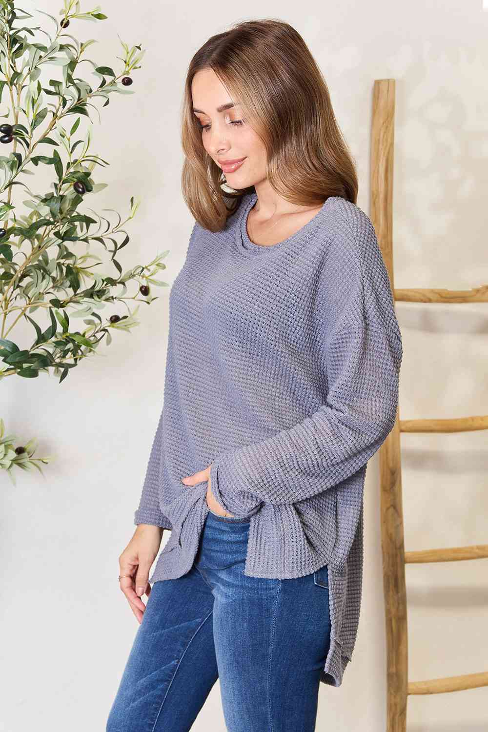 Waffle-Knit Round Neck Long Sleeve Slit Sweatshirt - Mythical Kitty Boutique