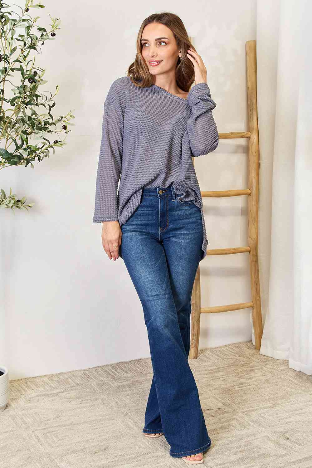 Waffle-Knit Round Neck Long Sleeve Slit Sweatshirt - Mythical Kitty Boutique