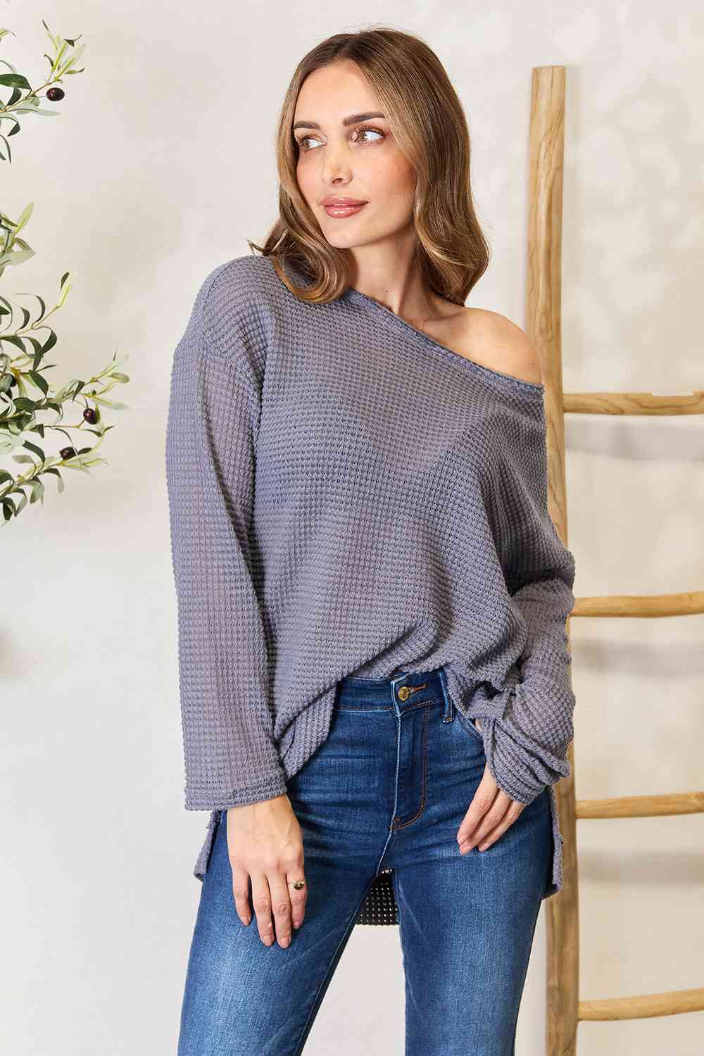 Waffle-Knit Round Neck Long Sleeve Slit Sweatshirt - Mythical Kitty Boutique