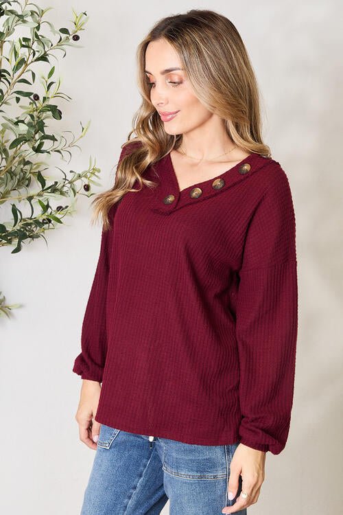 Zenana Buttoned V-Neck Long Sleeve Blouse - Mythical Kitty Boutique