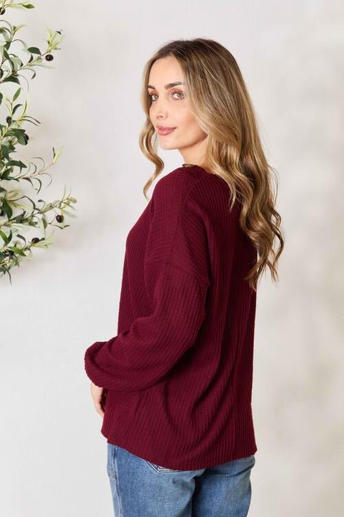 Zenana Buttoned V-Neck Long Sleeve Blouse - Mythical Kitty Boutique